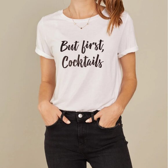 SOUTH PARADE Lola Top But First Cocktails Short Sleeve Cotton Tee White Black XS - Picture 9 of 9